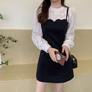 Long-sleeve Textured Top / Spaghetti Strap Mini Sheath Dress