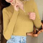Long-sleeve Slant Zip-up Plain Slim-fit Knit Top
