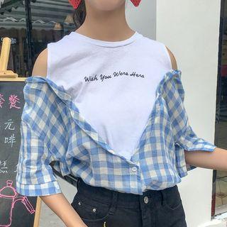 Lettering Mock Two-piece Elbow-sleeve Top
