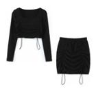 Long-sleeve Drawstring T-shirt / Mini Pencil Skirt