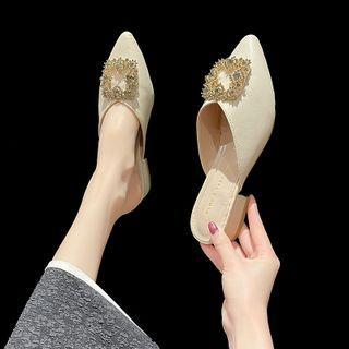 Pointed Rhinestone Block Heel Mules