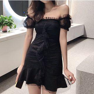 Short-sleeve Mesh Paneled Ruffled Mini Dress