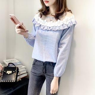 Mesh Panel Ruffle Pinstripe Blouse