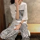 Leopard Print Wide-leg Pants / Elbow-sleeve Printed T-shirt
