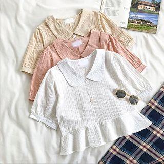 Plain Single-breasted Ruffled-trim Short-sleeve Blouse
