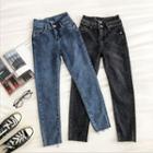 Plain Fray Hem High-waist Cropped Jeans