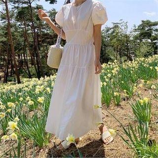 Puff-sleeve Tie-back Tiered Dress