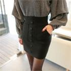 Buttoned Knit Pencil Miniskirt