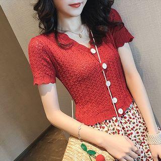 V-neck Buttoned Short-sleeve Pointelle Knit Top
