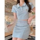 Short-sleeve Bear Embroidered Cropped Polo-shirt / Plain Mini Skirt