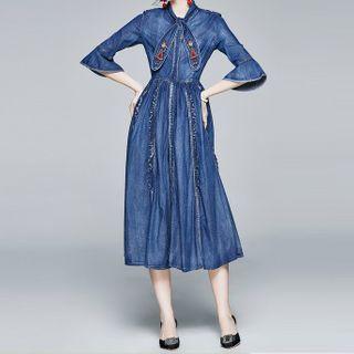 Long-sleeve Embroidered Midi A-line Denim Dress