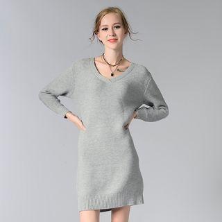 V-neck Long-sleeve Knit Dress Gray - One Size