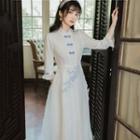 Mandarin Collar 3/4-sleeve Midi A-line Dress