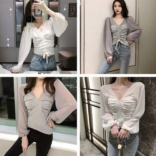 Drawstring V-neck Long-sleeve Mesh Top