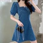 Puff-sleeve Square-neck Pattern A-line Dress
