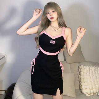 Spaghetti Strap Applique Lace Up Mini Sheath Dress