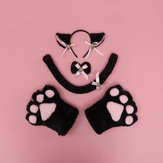 Set: Cat Ear Head Band + Gloves + Tail + Choker + Ribbon