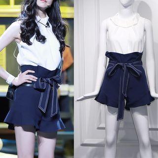 Sleeveless Ruffle Collar Top / High-waist Frill Hem Shorts