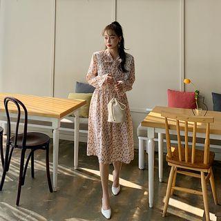 Tie-neck Lace-trim Midi Floral Dress