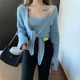 Set: Spaghetti Strap Knit Crop Top + Open Cardigan