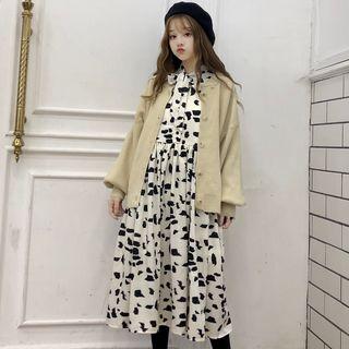 Long-sleeve Printed Midi A-line Dress White - One Size