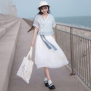 Plaid Short-sleeve Top / Midi A-line Skirt