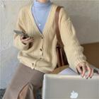 Turtleneck Long-sleeve Plain T-shirt / Plain Knit Cardigan / Plain Midi Skirt
