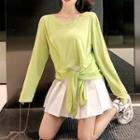 Long-sleeve Plain Lace-up Loose-fit Top