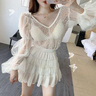 Puff-sleeve Mesh Top / Mini Skirt