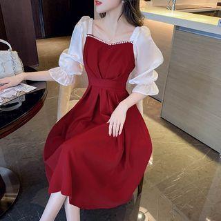 Elbow-sleeve Faux Pearl Trim Midi A-line Dress