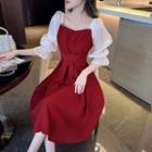 Elbow-sleeve Faux Pearl Trim Midi A-line Dress