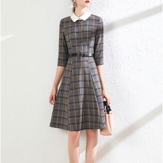 Plaid Elbow-sleeve Polo-neck A-line Dress