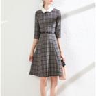 Plaid Elbow-sleeve Polo-neck A-line Dress