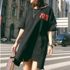 Lettering Ripped Elbow Sleeve T-shirt Dress