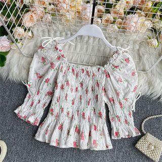 Floral Print Smocked Puff-sleeve Blouse White - One Size