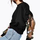 Flower Embroidered Mesh Panel Pullover