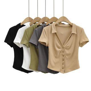 Short-sleeve Collar Button-up Crop Top