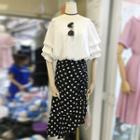 Set: Elbow-sleeve Off Shoulder Chiffon Top + Dotted Skirt