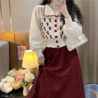Collared Flower Embroidered Cardigan / Ruffle Trim Midi Skirt