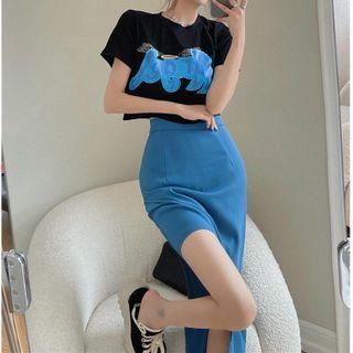 Short-sleeve Lettering Print Cropped T-shirt T-shirt - Black - One Size