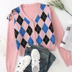 Long Sleeve Argyle Crop Cardigan Pink - One Size
