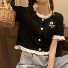 Short-sleeve Ruffled Trim Embroidered Printed Knit Top