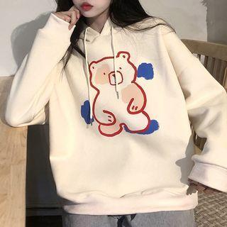 Bear Print Hoodie Almond - One Size