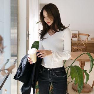 V-neck Bell-sleeve Ribbed Top