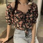 Puff-sleeve Tie-strap Floral Cropped Blouse Black - One Size