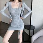 Spaghetti Strap Drawstring Mini Sheath Dress / Button-up Long Sleeve Crop Cardigan