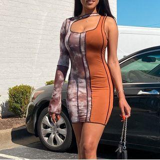 Long Sleeve One-shoulder Printed Paneled Mini Bodycon Dress