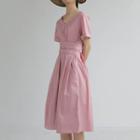 Short-sleeve V-neck Tie-waist A-line Dress