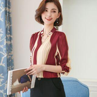Hoop Detail Color Block Chiffon Blouse