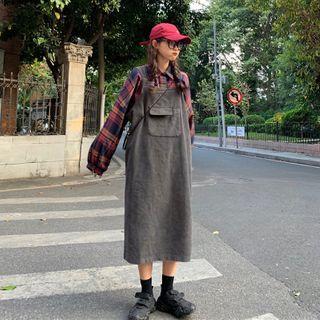 Plaid Shirt / Midi A-line Pinafore Dress